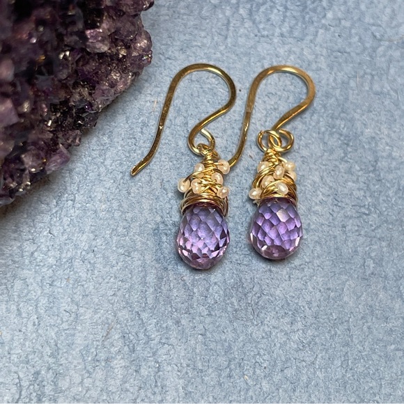 Alexandrite Crystals And Pearls Artisan Earrings 14K Gold Filled - Picture 13 of 16